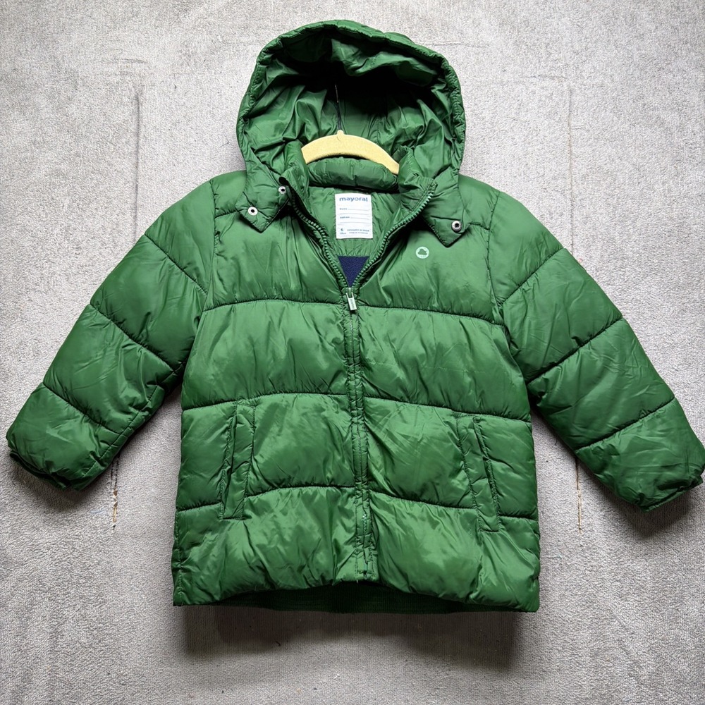 Mayoral Boys Green Hooded Puffer Jacket Size‎ 6 Lightweight Winter Coat